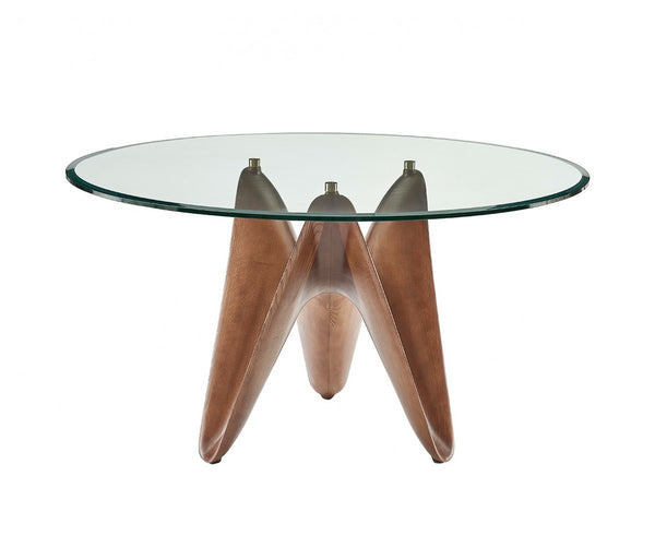 Homeroots 59" Clear And Brown Rounded Glass And Solid Manufactured Wood Pedestal Base Dining Table   487362