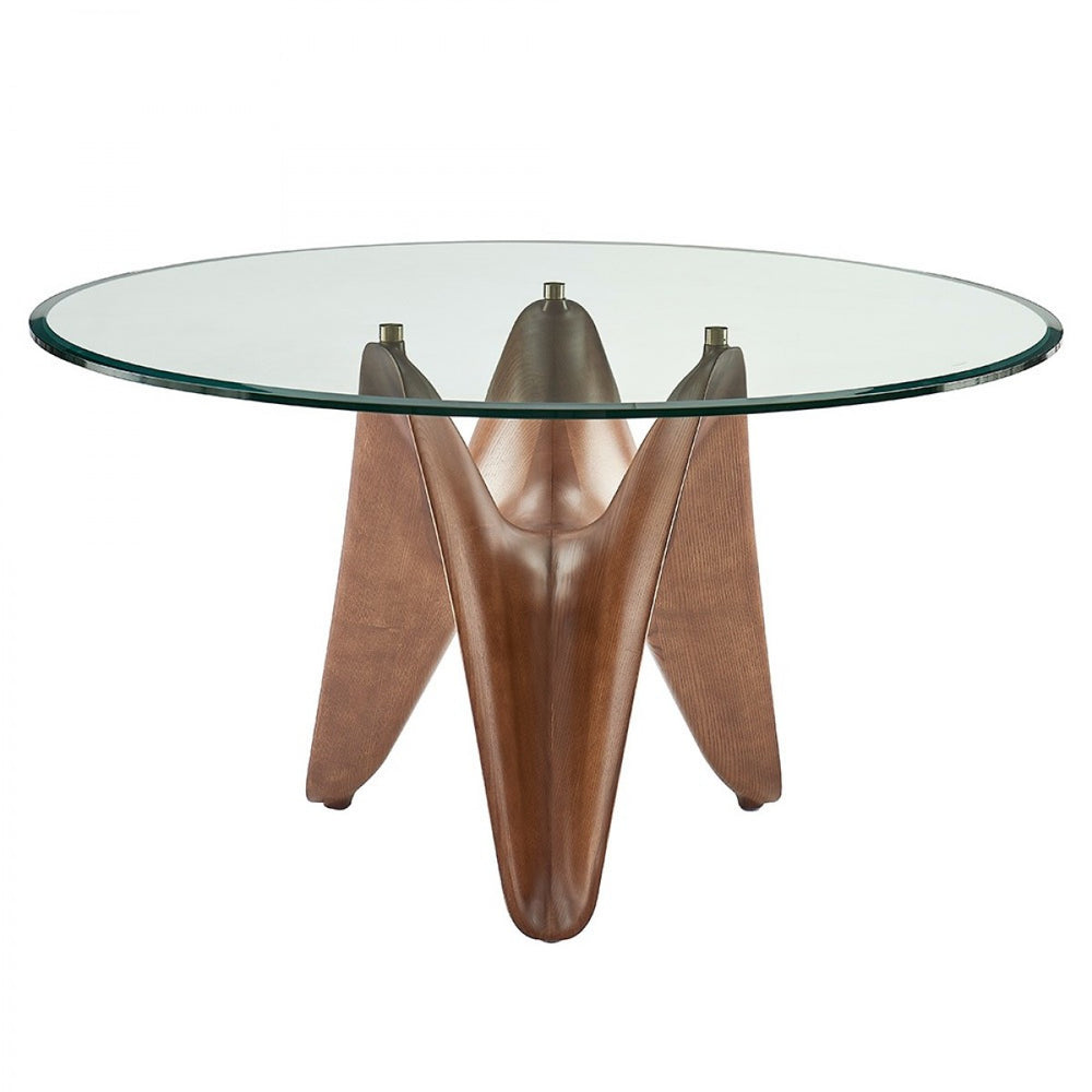 Homeroots 59" Clear And Brown Rounded Glass And Solid Manufactured Wood Pedestal Base Dining Table   487362