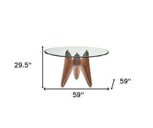 Homeroots 59" Clear And Brown Rounded Glass And Solid Manufactured Wood Pedestal Base Dining Table   487362