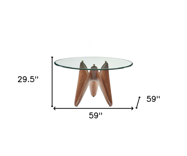 Homeroots 59" Clear And Brown Rounded Glass And Solid Manufactured Wood Pedestal Base Dining Table   487362