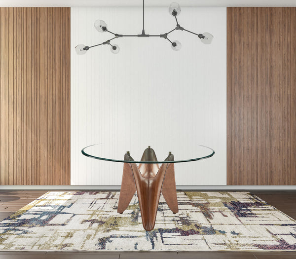 Homeroots 59" Clear And Brown Rounded Glass And Solid Manufactured Wood Pedestal Base Dining Table   487362