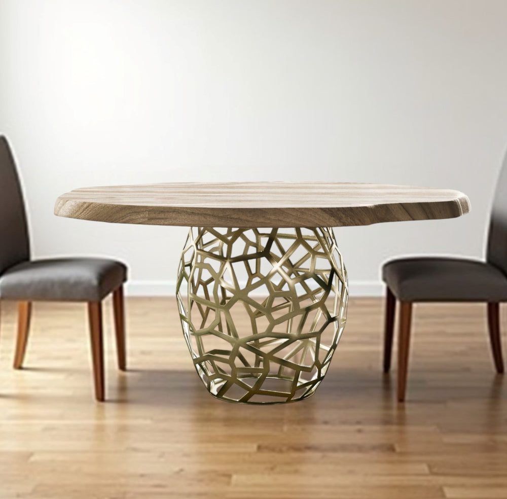 Homeroots 47" Acacia Live Edge Rounded Solid Wood And Brass Dining Table   487363