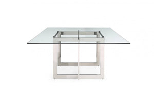 Homeroots 59" Clear And Gunmetal Square Glass And Stainless Steel Pedestal Base Dining Table   487364