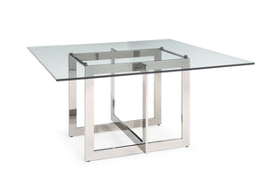 Homeroots 59" Clear And Gunmetal Square Glass And Stainless Steel Pedestal Base Dining Table   487364
