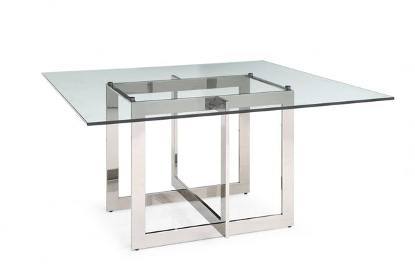 Homeroots 59" Clear And Gunmetal Square Glass And Stainless Steel Pedestal Base Dining Table   487364