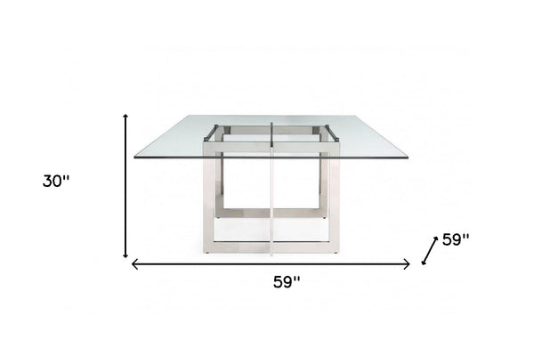 Homeroots 59" Clear And Gunmetal Square Glass And Stainless Steel Pedestal Base Dining Table   487364