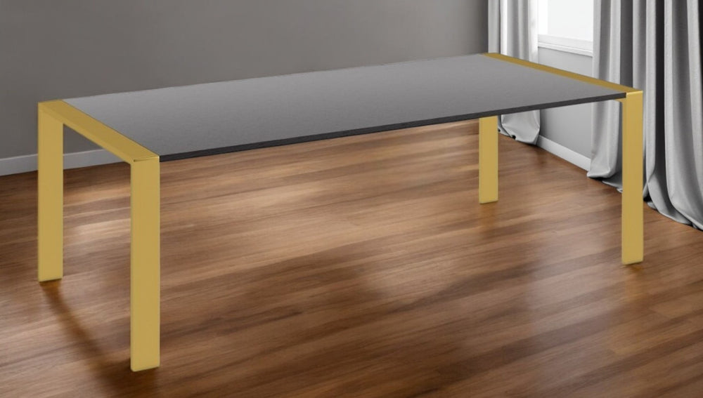 HomeRoots 95" Gray and Brass Dining Table - Modern Stainless Steel Base, Seats 10, Elegant Centerpiece for Any Space 487372