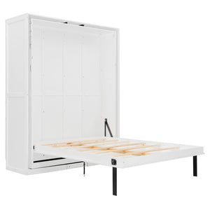 English Elm Rotating Queen Murphy Wall Bed with 14 Open Shelves Hydraulic Lift Space Saving White LP000962AAK