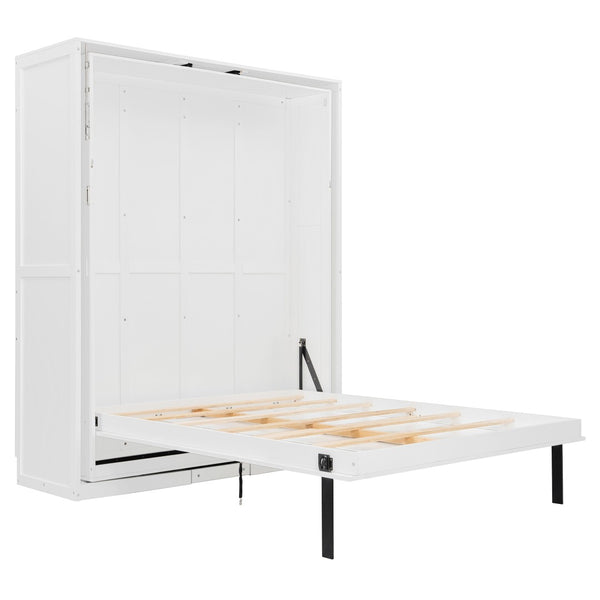 English Elm Rotating Queen Murphy Wall Bed with 14 Open Shelves Hydraulic Lift Space Saving White LP000962AAK