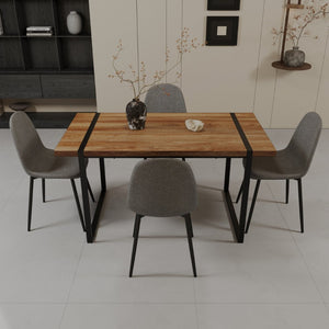 English Elm 59" Industrial Dining Set with Suede Chairs Matte Metal Base Mdf Table Seats Four Brown Grey W2189S00932