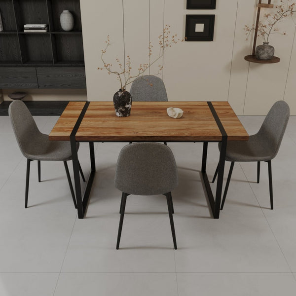 English Elm 59" Industrial Dining Set with Suede Chairs Matte Metal Base Mdf Table Seats Four Brown Grey W2189S00932