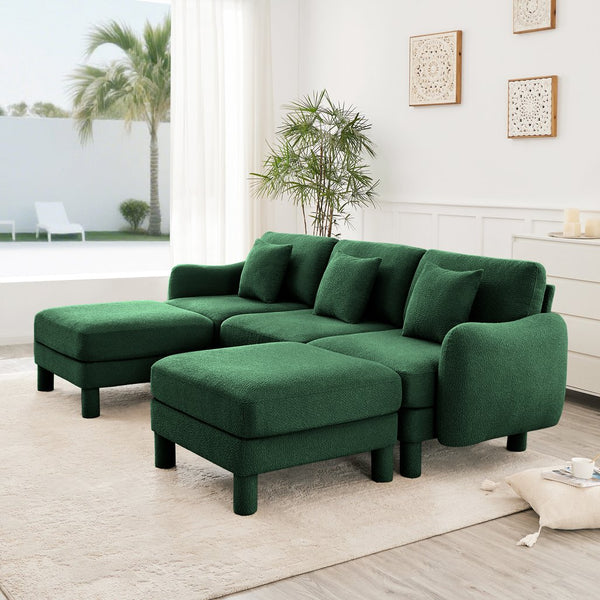 English Elm Boucle U-Shape Sectional Sofa With Shell Armrests & 2 Movable Ottomans For Modern Spaces, Green W3041S00310