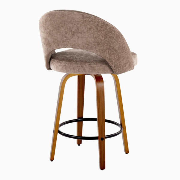 English Elm Fixed-height Walnut Wood Counter Stools with Fabric Seats Mid-century Modern Set of 2 B202S02152
