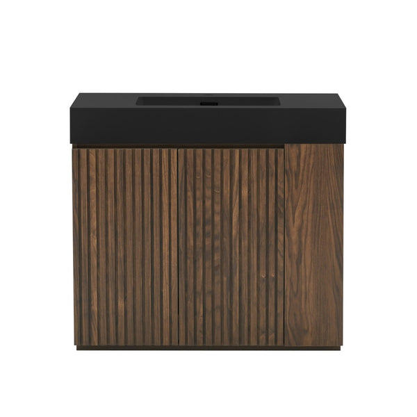 English Elm Galan Freestanding Bathroom Vanity Quartz Basin Fluted Wood Cabinet Modern Bath Walnut Brown W1865S00222