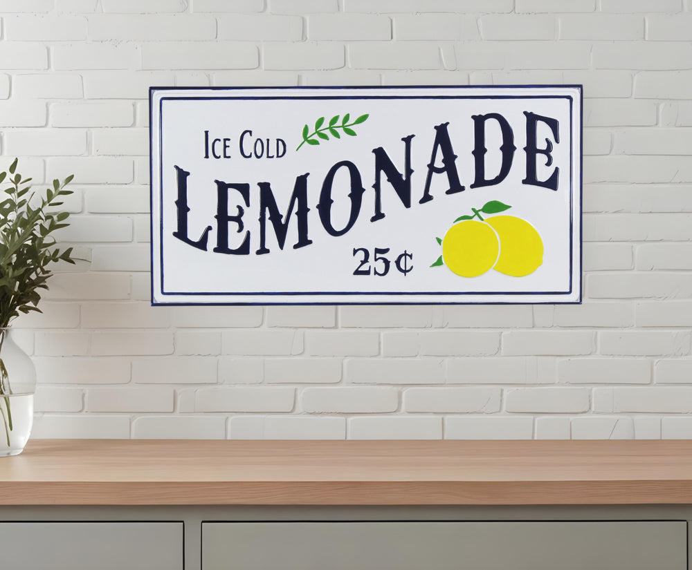 Homeroots 16" X 32" Blue And White Ice Cold Lemonade Metal Wall Decor  Metal 487519
