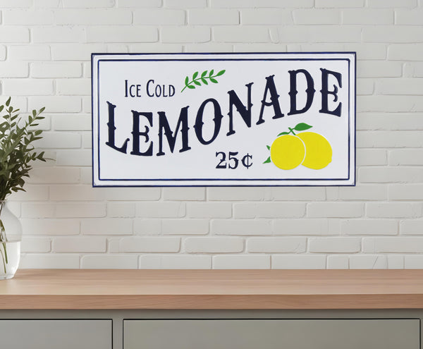 Homeroots 16" X 32" Blue And White Ice Cold Lemonade Metal Wall Decor  Metal 487519