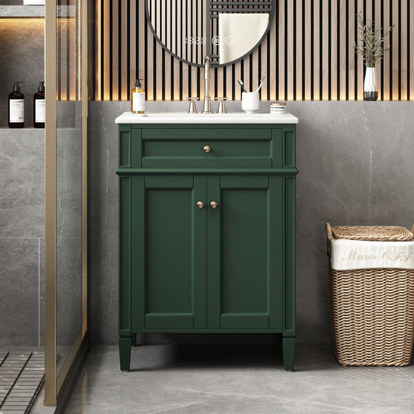 English Elm 24" Bathroom Vanity with Ceramic Basin, French-Inspired Accent Carvings, Soft-Close Doors & Storage Green N710P293309F