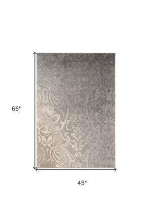 HomeRoots 4' X 6' Grey Damask Area Rug - Stain Resistant, Durable Power Loom Design for Elegant Living Spaces 487552