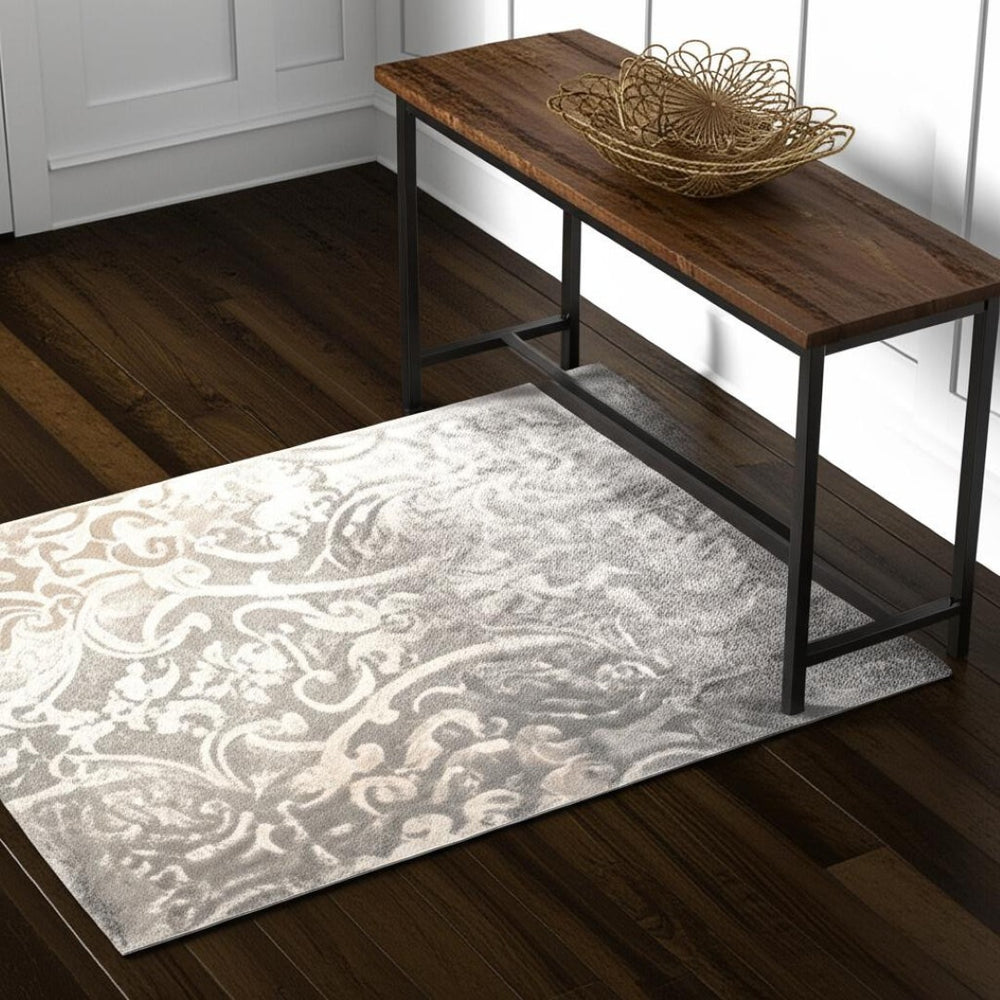 HomeRoots 4' X 6' Grey Damask Area Rug - Stain Resistant, Durable Power Loom Design for Elegant Living Spaces 487552