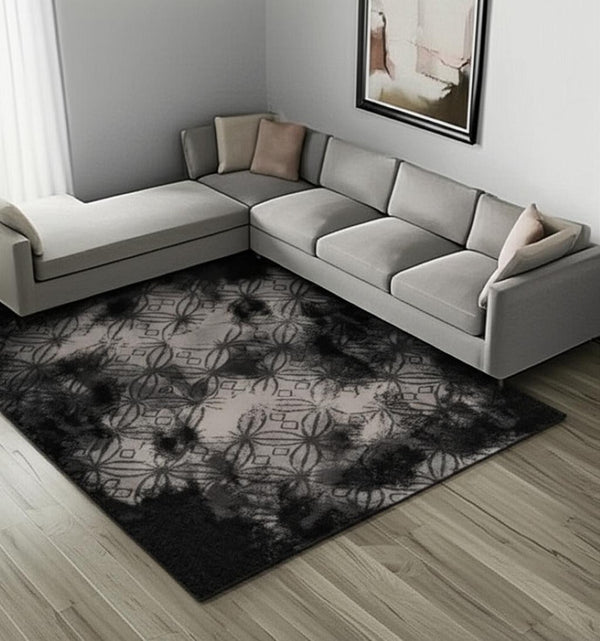 HomeRoots 4' Black Abstract Area Rug - Modern Power Loomed Design, Stain-Resistant & Durable for Everyday Use 8' X 11' 487555