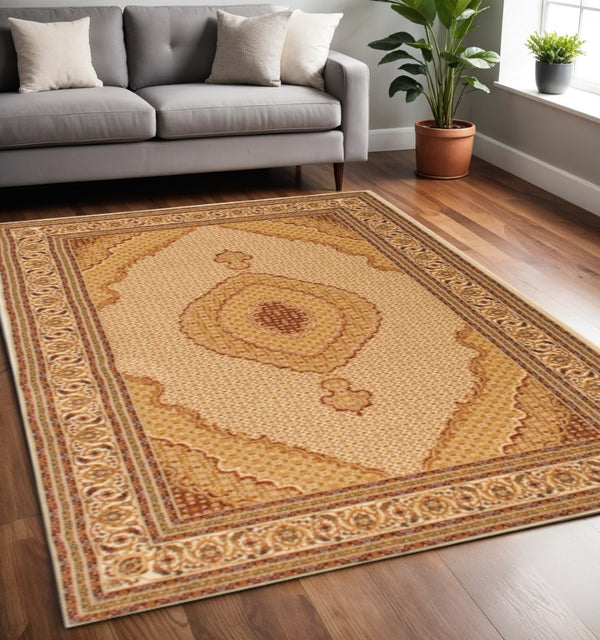 HomeRoots 4' Timeless Beige and Ivory Oriental Area Rug – Durable, Stain-Resistant, Perfect for Any Space! 5' X 8' Rectangle 487560
