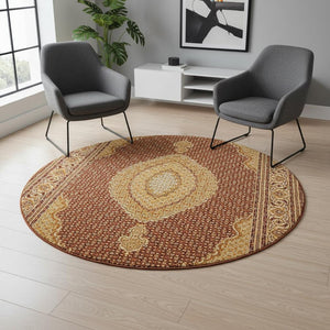 HomeRoots 4' Timeless Beige and Ivory Oriental Area Rug – Durable, Stain-Resistant, Perfect for Any Space! 7' Round Round 487561