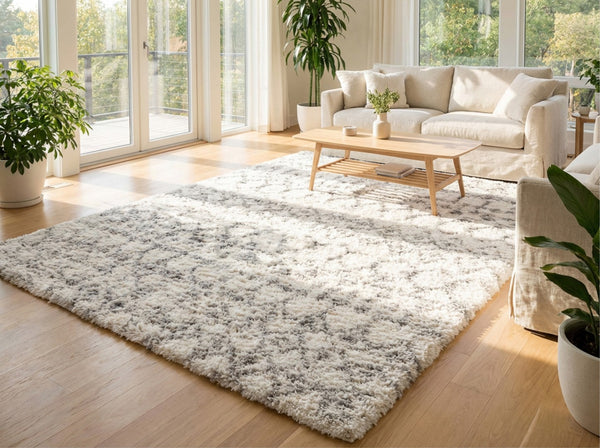 HomeRoots 5' Plush Gray and Ivory Southwestern Shag Area Rug – Cozy, Durable Design for Any Room Decor 5' X 8' 487566