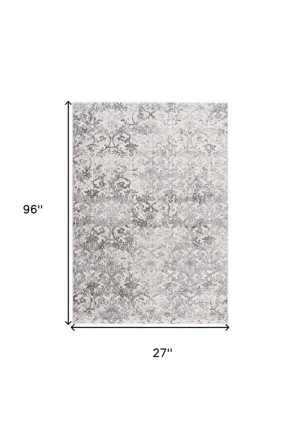 Homeroots 2' X 8' Cream Damask Power Loom Stain Resistant Area Rug  Polyester,Cotton 487569