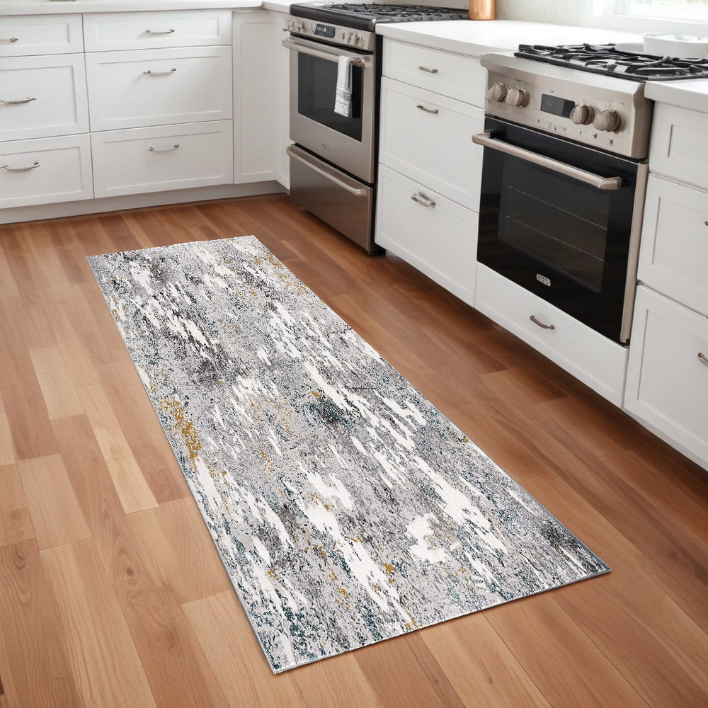 Homeroots 2' X 8' Grey And White Abstract Power Loom Stain Resistant Area Rug  Polyester,Cotton 487571