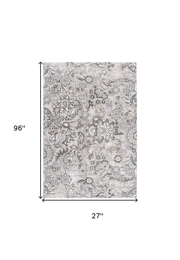 Homeroots 2' X 8' Grey Floral Power Loom Stain Resistant Area Rug  Polyester,Cotton 487572