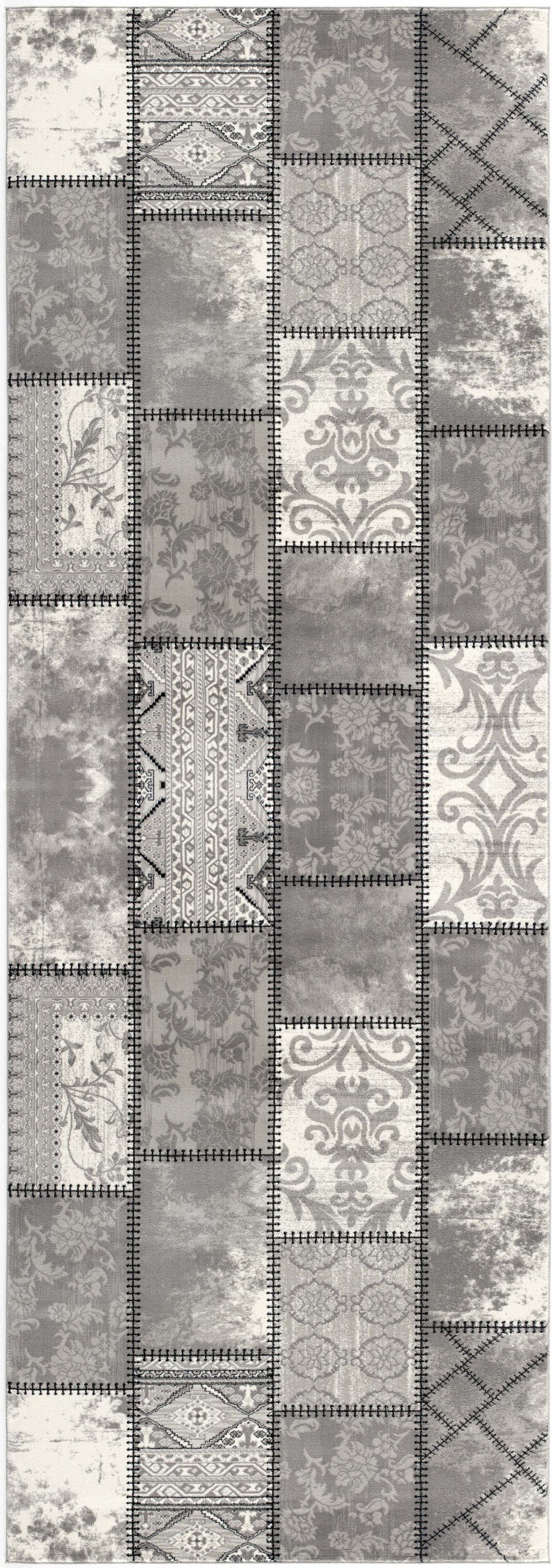 Homeroots 8' Gray And Ivory Damask Washable Non Skid Runner Rug  Olefin 487577