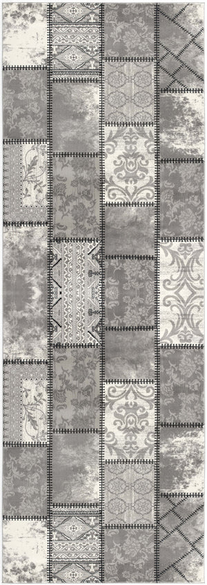 Homeroots 8' Gray And Ivory Damask Washable Non Skid Runner Rug  Olefin 487577