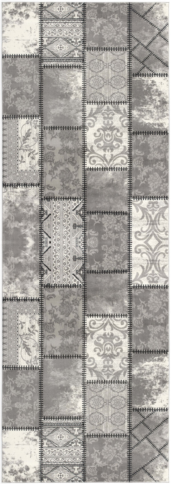 Homeroots 8' Gray And Ivory Damask Washable Non Skid Runner Rug  Olefin 487577
