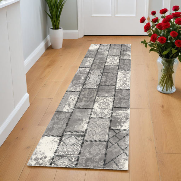 Homeroots 8' Gray And Ivory Damask Washable Non Skid Runner Rug  Olefin 487577
