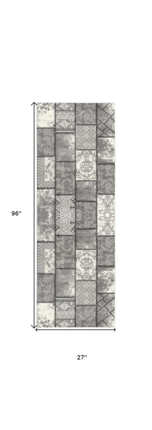 Homeroots 8' Gray And Ivory Damask Washable Non Skid Runner Rug  Olefin 487577