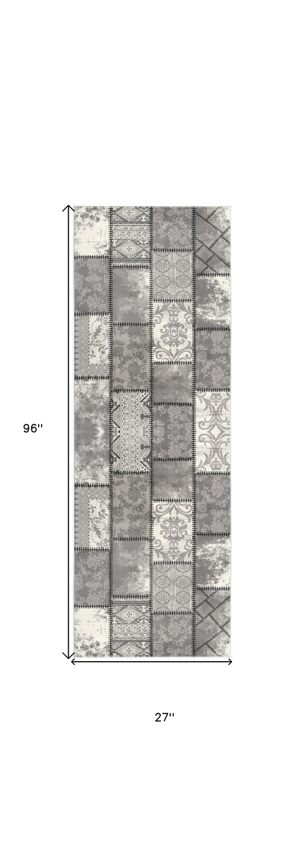 Homeroots 8' Gray And Ivory Damask Washable Non Skid Runner Rug  Olefin 487577