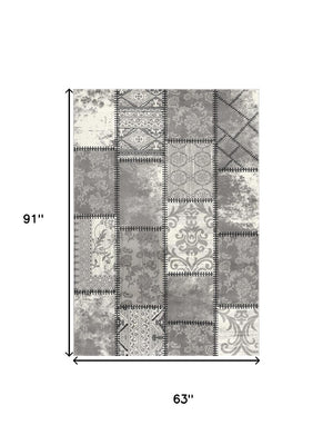 HomeRoots 4' Gray and Ivory Damask Area Rug - Timeless Elegance, Machine Washable, Durable for High-Traffic Areas 5' X 8' 487580