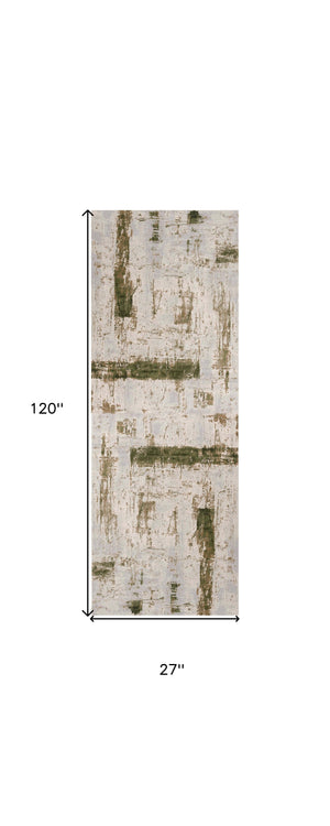 Homeroots 10' Green And Ivory Abstract Power Loom Distressed Runner Rug  Polypropylene 487582