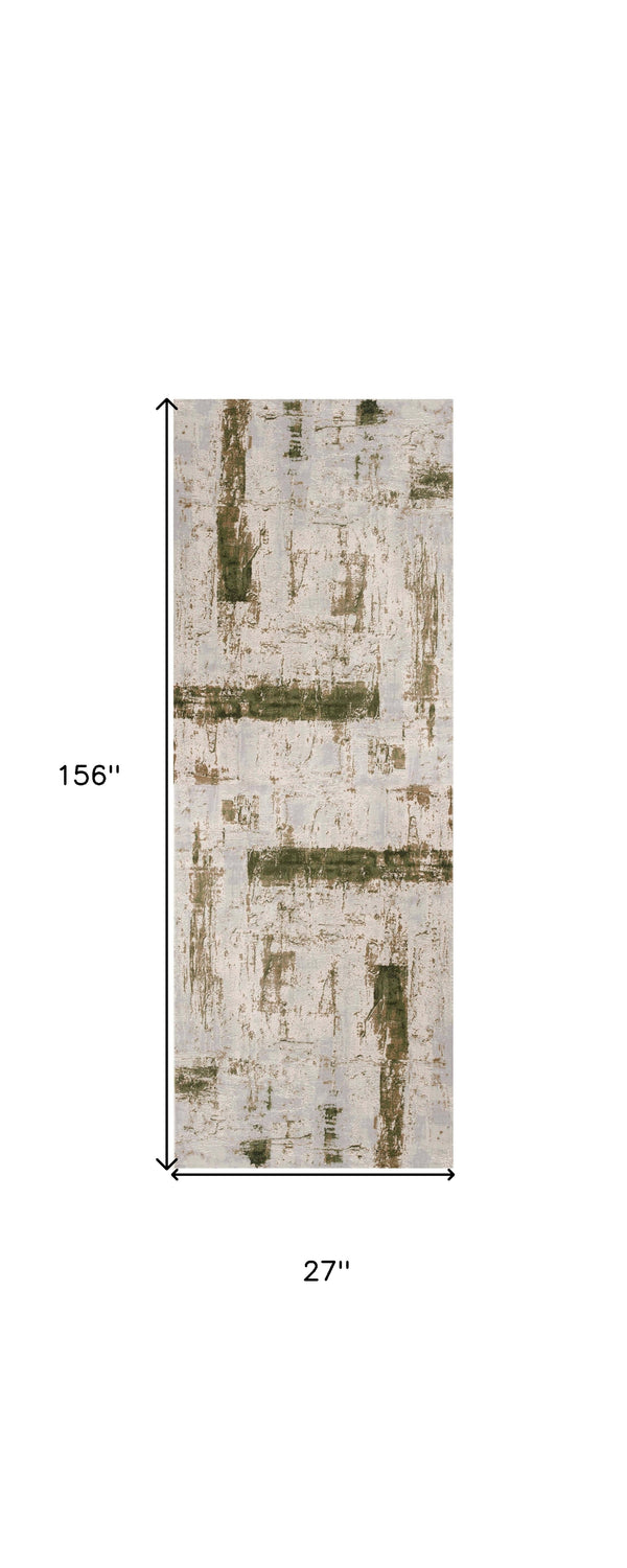 Homeroots 13' Green And Ivory Abstract Power Loom Distressed Runner Rug  Polypropylene 487583
