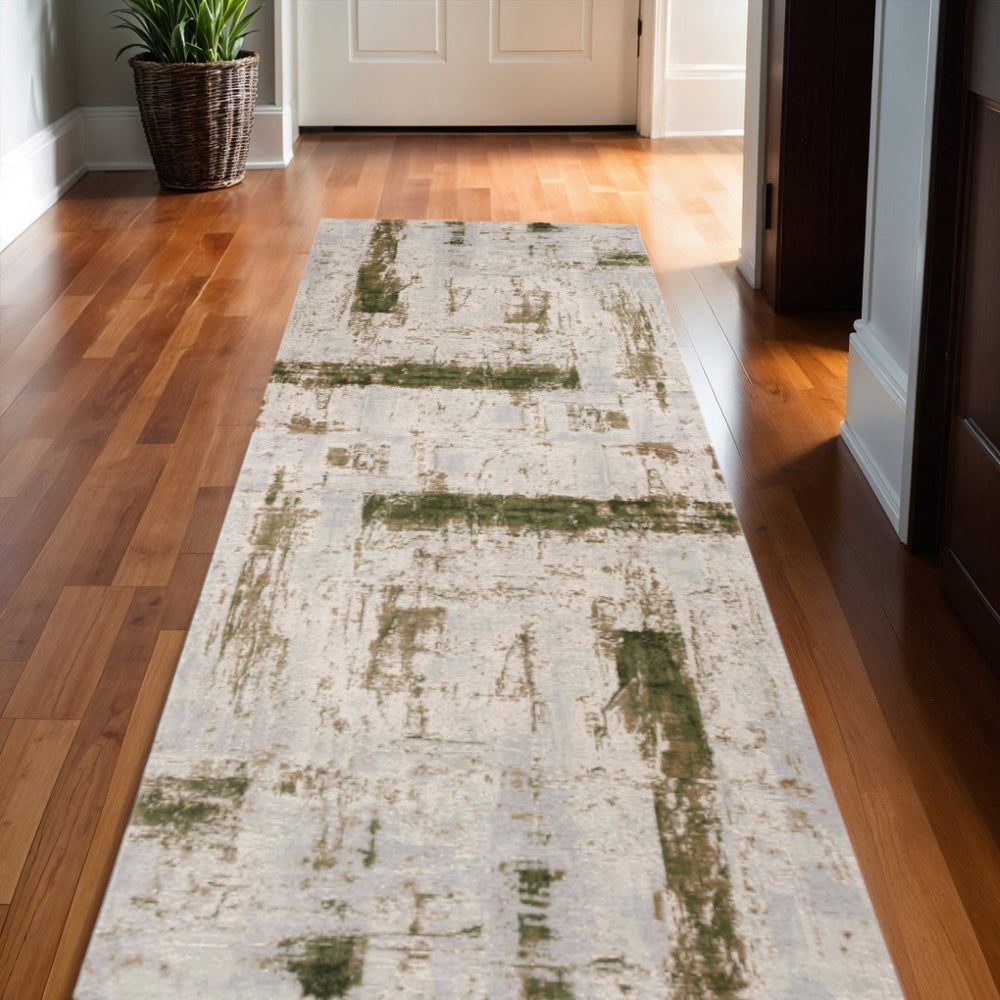 HomeRoots 20' Green and Ivory Abstract Distressed Runner Rug - Soft, Durable, Vintage Style for Busy Homes 487585