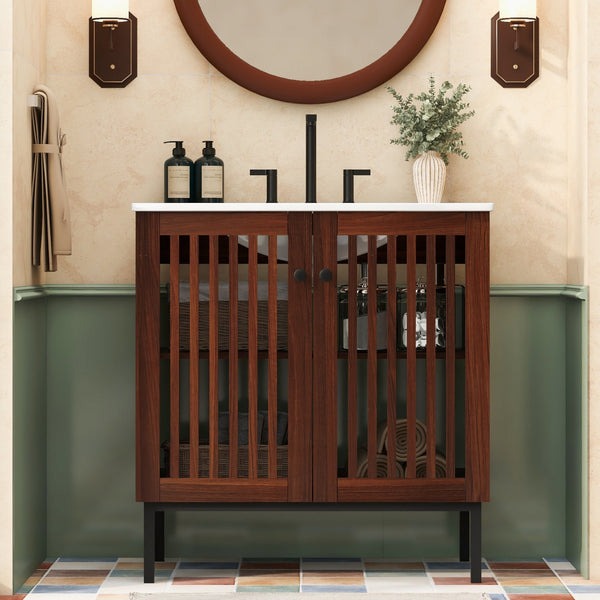 English Elm Christopher Knight Home® - 30" Vintage Bathroom Vanity with Rectangle Ceramic Sink, Rubber Wood Legs, Soft-Close Doors, Adjustable Shelves Antique brown,Dark Brown N817P245324B