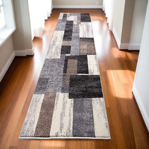 Homeroots 13' Runner Brown Geometric Power Loom Runner Rug  Polyester 487591