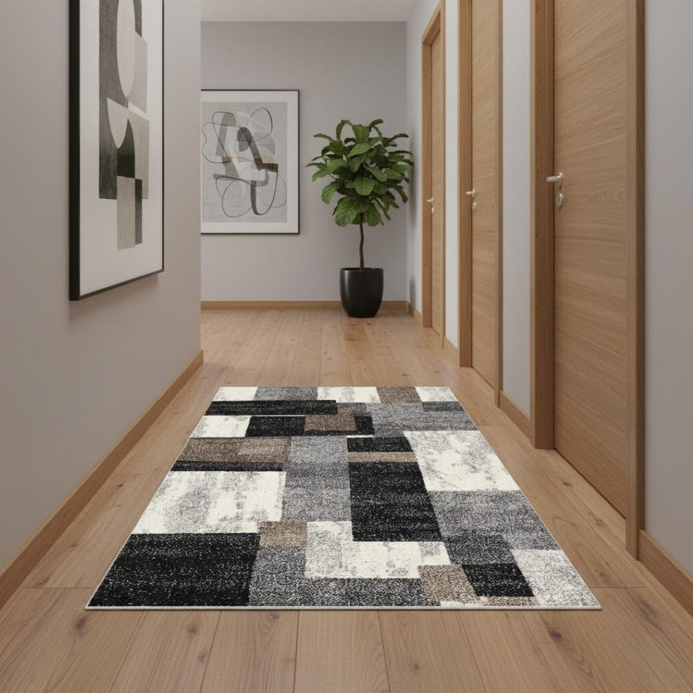 HomeRoots 13' Plush Brown and Ivory Geometric Shag Runner Rug - Stylish, Stain-Resistant, Perfect for Hallways! 487591