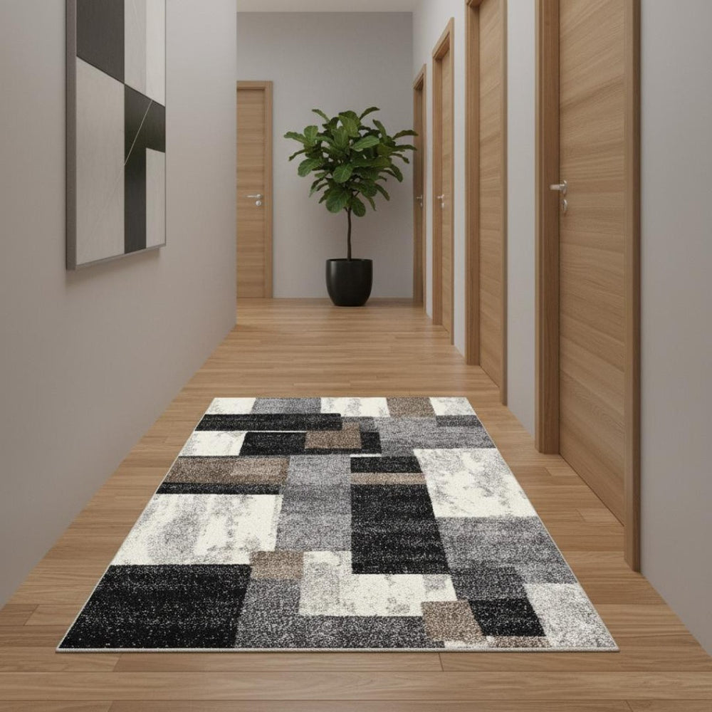 HomeRoots 15' Brown and Ivory Geometric Shag Runner Rug – Stylish, Durable, Stain-Resistant for High-Traffic Areas 487592