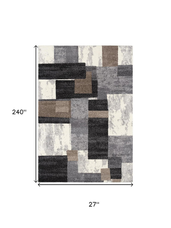 HomeRoots 20' Brown and Ivory Geometric Shag Runner Rug - Soft, Durable, Stain-Resistant for High-Traffic Areas 487593