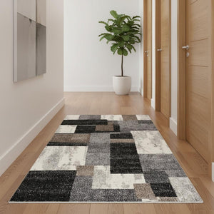 HomeRoots 20' Brown and Ivory Geometric Shag Runner Rug - Soft, Durable, Stain-Resistant for High-Traffic Areas 487593