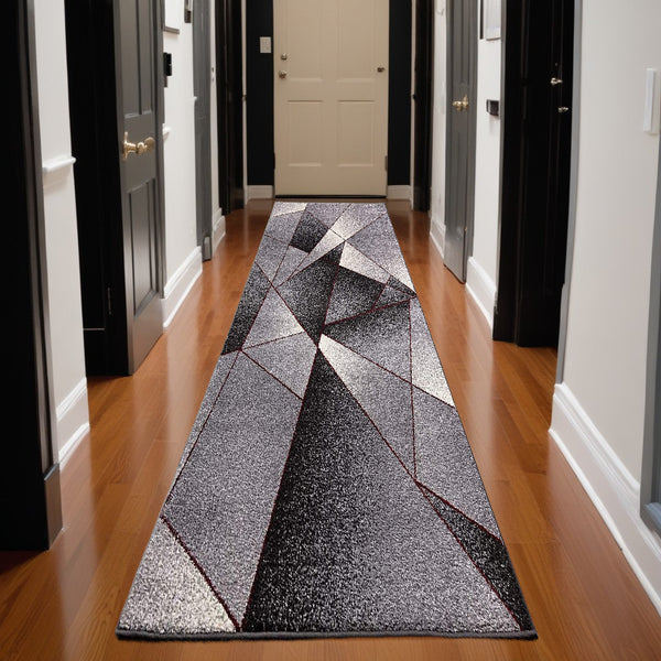 Homeroots 2' X 13' Grey And Blue Geometric Power Loom Stain Resistant Area Rug  Polyester 487599