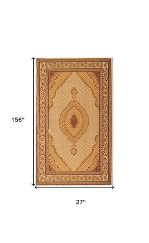 Homeroots 13' Runner Beige And Ivory Oriental Power Loom Runner Rug  Olefin 487603
