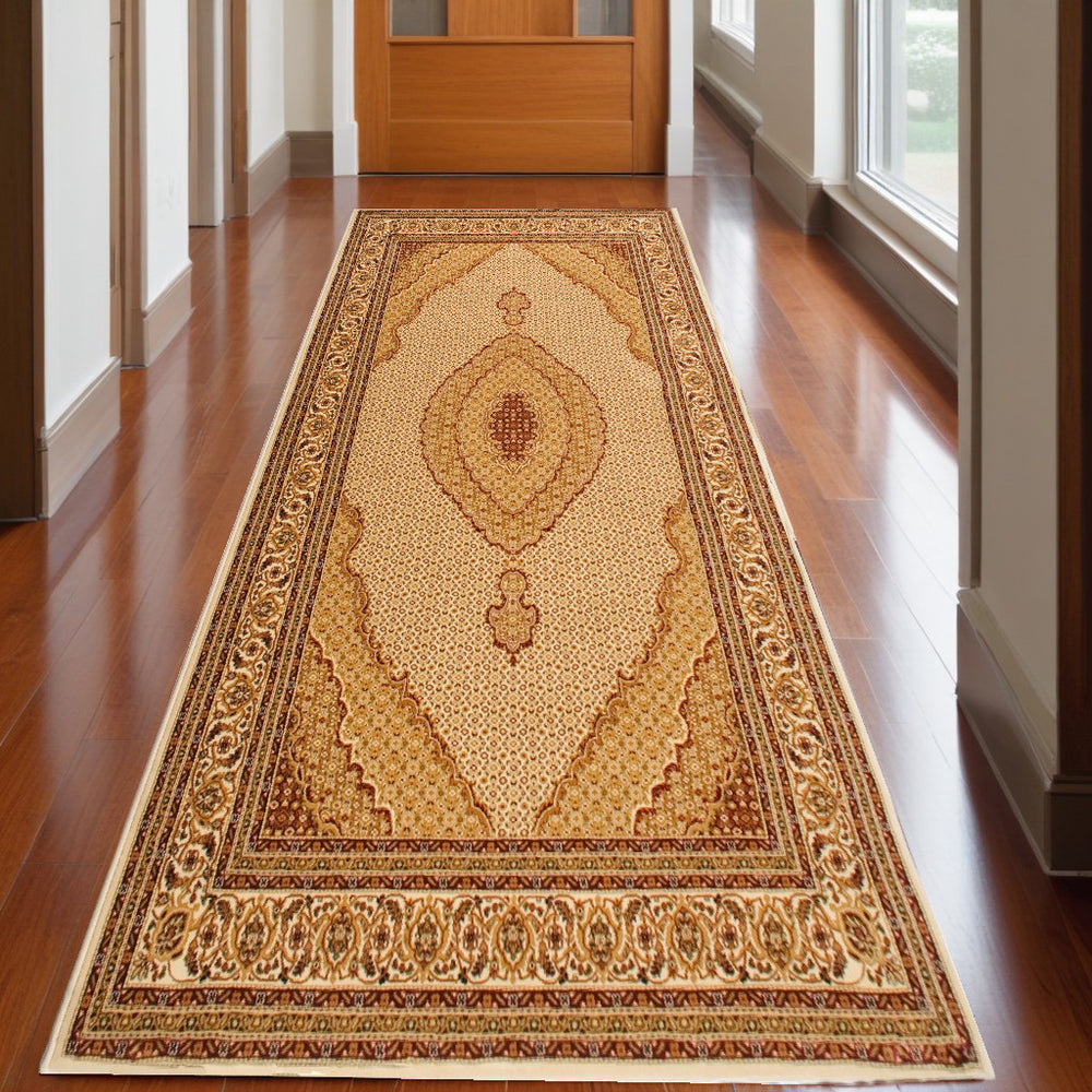Homeroots 20' Runner Beige And Ivory Oriental Power Loom Runner Rug  Olefin 487609