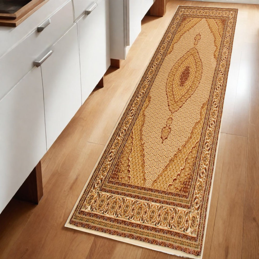 HomeRoots 8' Beige And Ivory Oriental Runner Rug - Durable, Stain-Resistant, Modern Design for Hallways & More 487610